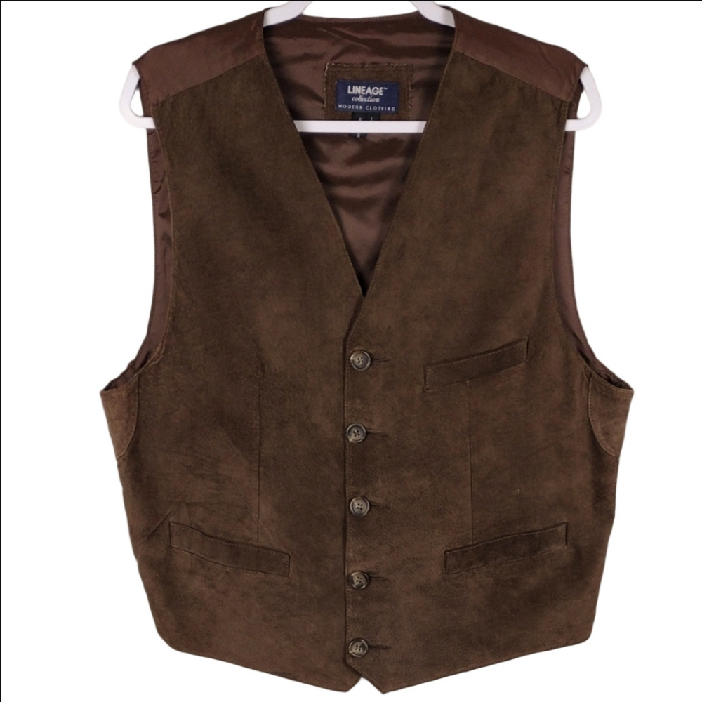 Lineage Vintage Brown Suede Leather V-Neck Sleeveless Button Front Casual Vest